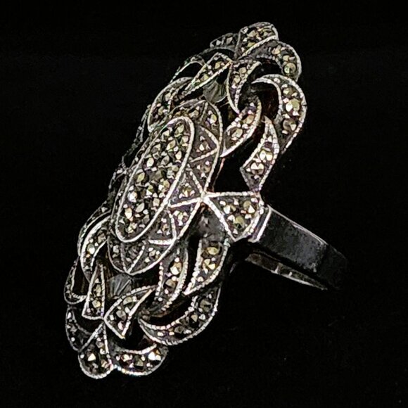 Vintage Sterling Silver Marcasite Huge Statement Ring 1980s Art Deco